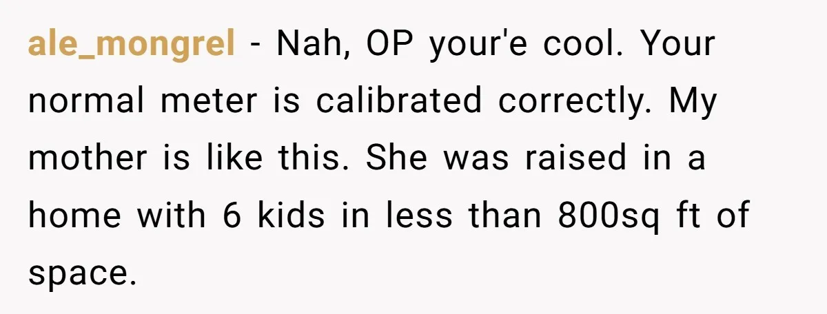 ale_mongrel − Nah, OP your'e cool. Your normal meter is calibrated correctly. My mother is like this. She was raised in a home with 6 kids in less than 800sq...
