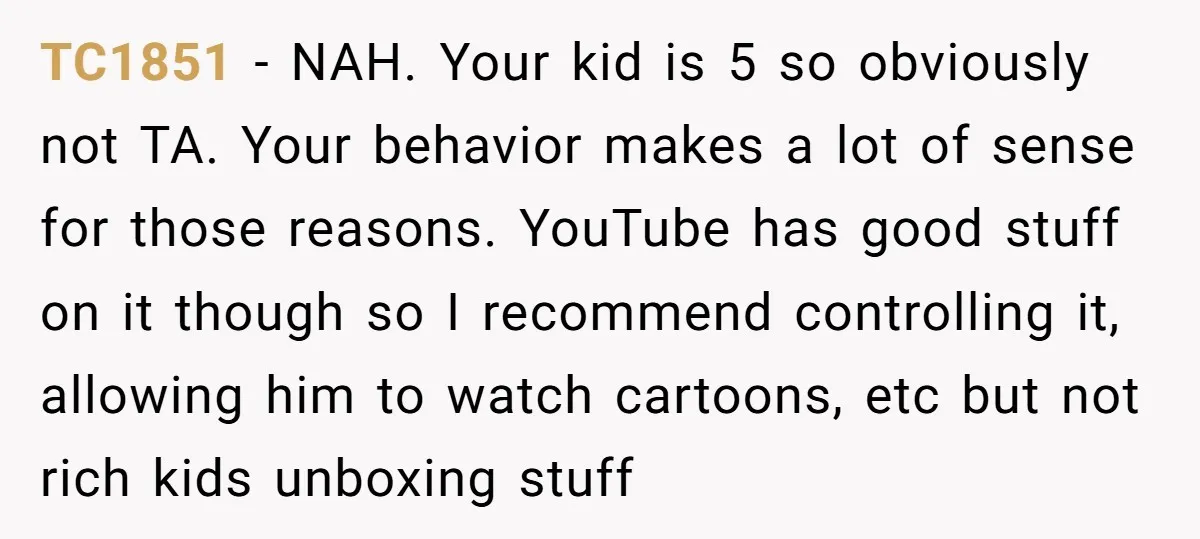 TC1851 − NAH. Your kid is 5 so obviously not TA. Your behavior makes a lot of sense for those reasons. YouTube has good stuff on it though so I...