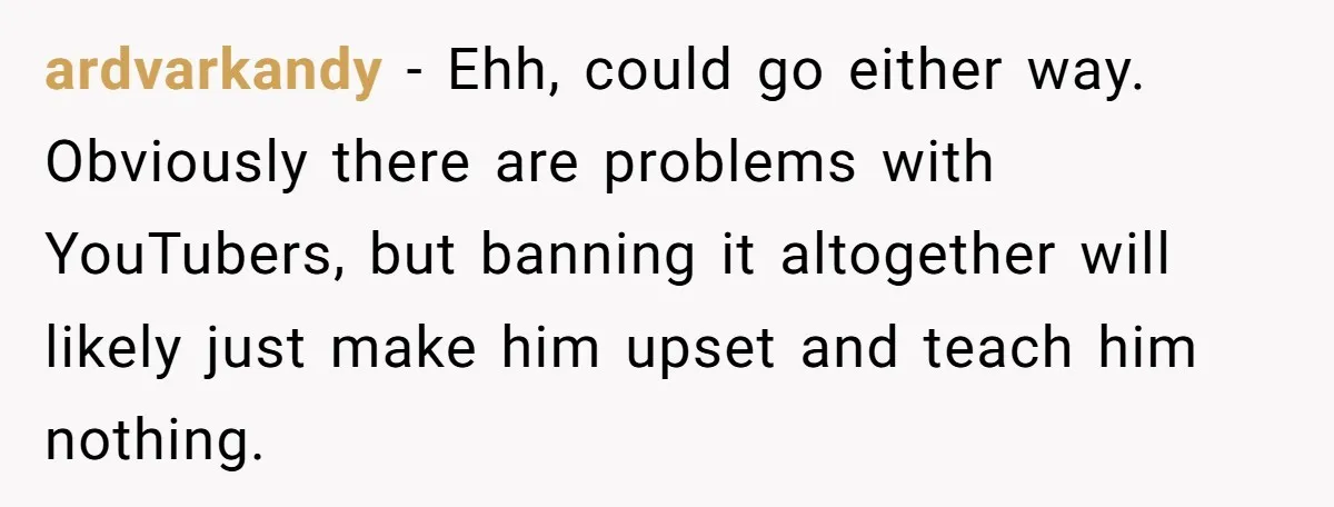ardvarkandy − Ehh, could go either way. Obviously there are problems with YouTubers, but banning it altogether will likely just make him upset and teach him nothing.