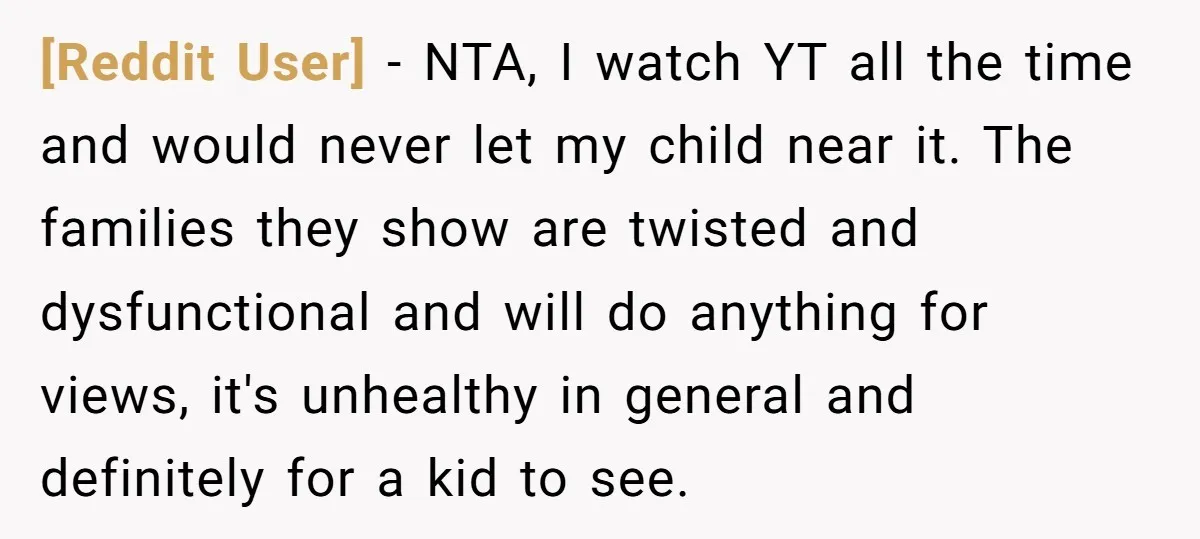 [Reddit User] − NTA, I watch YT all the time and would never let my child near it. The families they show are twisted and dysfunctional and will do anything...