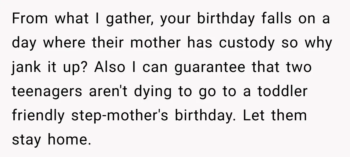 From what I gather, your birthday falls on a day where their mother has custody so why jank it up? Also I can guarantee that two teenagers aren't dying to...
