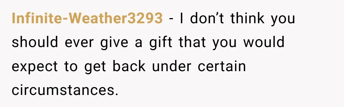 Infinite-Weather3293 − I don’t think you should ever give a gift that you would expect to get back under certain circumstances.