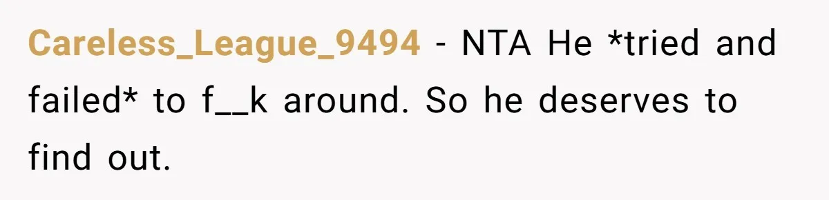 Careless_League_9494 − NTA He *tried and failed* to f__k around. So he deserves to find out.