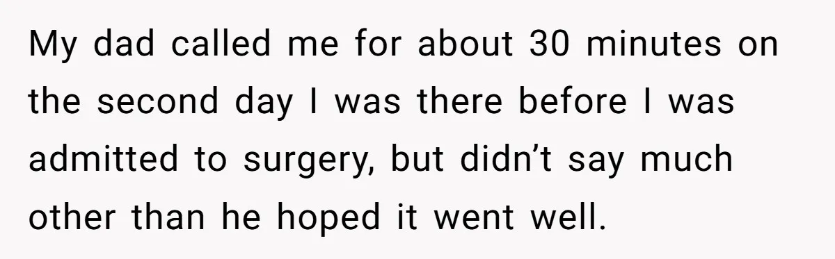 My dad called me for about 30 minutes on the second day I was there before I was admitted to surgery, but didn’t say much other than he hoped it...