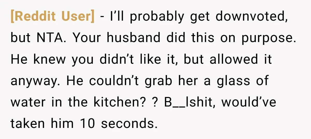 [Reddit User] − I’ll probably get downvoted, but NTA. Your husband did this on purpose. He knew you didn’t like it, but allowed it anyway. He couldn’t grab her a...