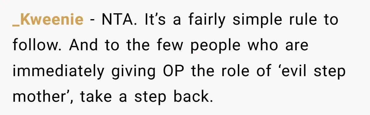 _Kweenie − NTA. It’s a fairly simple rule to follow. And to the few people who are immediately giving OP the role of ‘evil step mother’, take a step back.