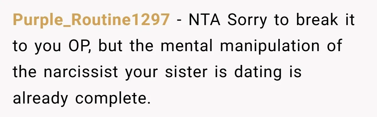 Purple_Routine1297 − NTA Sorry to break it to you OP, but the mental manipulation of the narcissist your sister is dating is already complete.