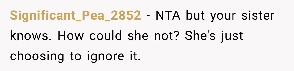 Significant_Pea_2852 − NTA but your sister knows. How could she not? She's just choosing to ignore it.
