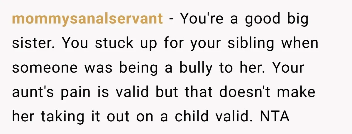mommysanalservant − You're a good big sister. You stuck up for your sibling when someone was being a bully to her. Your aunt's pain is valid but that doesn't make...