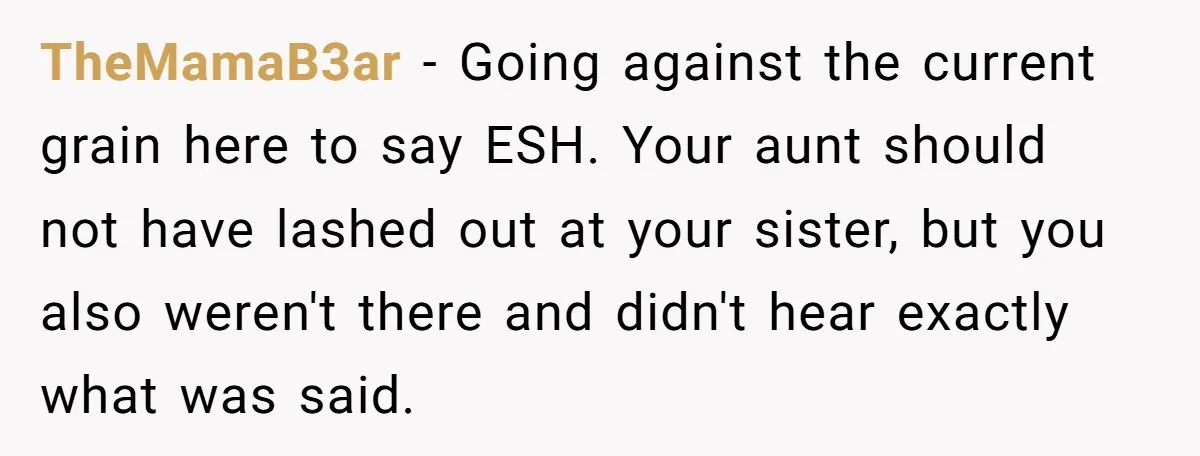 TheMamaB3ar − Going against the current grain here to say ESH. Your aunt should not have lashed out at your sister, but you also weren't there and didn't hear exactly...
