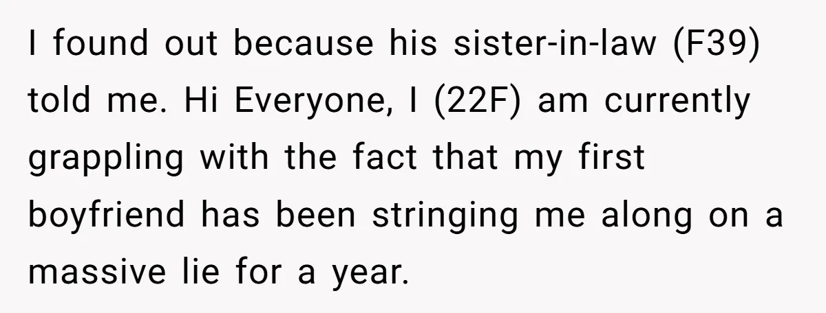 I found out because his sister-in-law (F39) told me. Hi Everyone, I (22F) am currently grappling with the fact that my first boyfriend has been stringing me along on a...