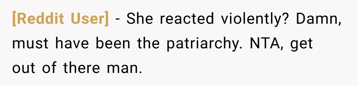 [Reddit User] − She reacted violently? Damn, must have been the patriarchy. NTA, get out of there man.