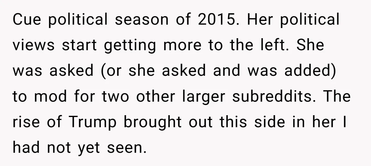 Cue political season of 2015. Her political views start getting more to the left. She was asked (or she asked and was added) to mod for two other larger subreddits....