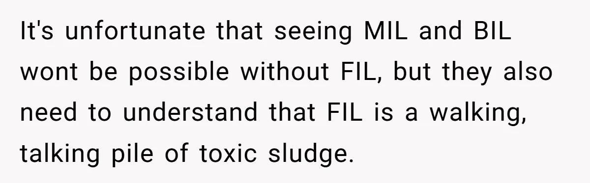 It's unfortunate that seeing MIL and BIL wont be possible without FIL, but they also need to understand that FIL is a walking, talking pile of toxic sludge.