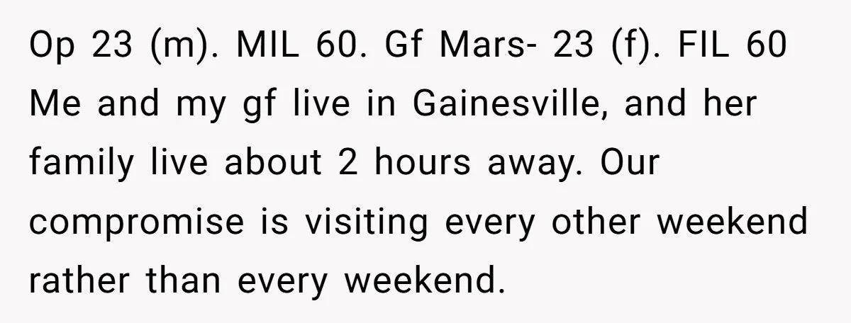 Op 23 (m). MIL 60. Gf Mars- 23 (f). FIL 60 Me and my gf live in Gainesville, and her family live about 2 hours away. Our compromise is visiting...