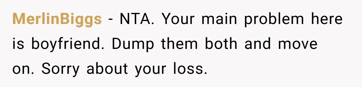 MerlinBiggs − NTA. Your main problem here is boyfriend. Dump them both and move on. Sorry about your loss.