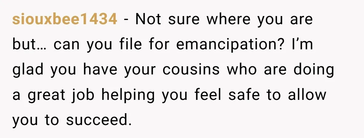 siouxbee1434 − Not sure where you are but… can you file for emancipation? I’m glad you have your cousins who are doing a great job helping you feel safe to...