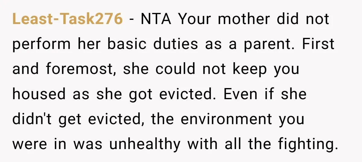 Least-Task276 − NTA Your mother did not perform her basic duties as a parent. First and foremost, she could not keep you housed as she got evicted. Even if she...