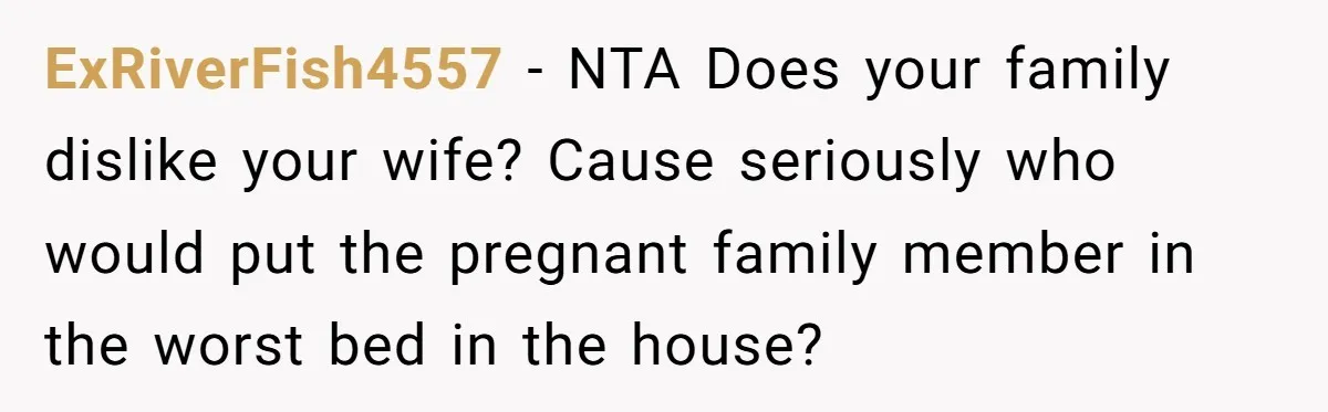 ExRiverFish4557 − NTA Does your family dislike your wife? Cause seriously who would put the pregnant family member in the worst bed in the house?