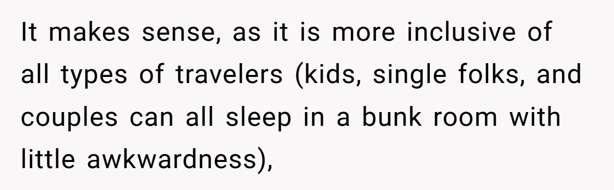 It makes sense, as it is more inclusive of all types of travelers (kids, single folks, and couples can all sleep in a bunk room with little awkwardness),