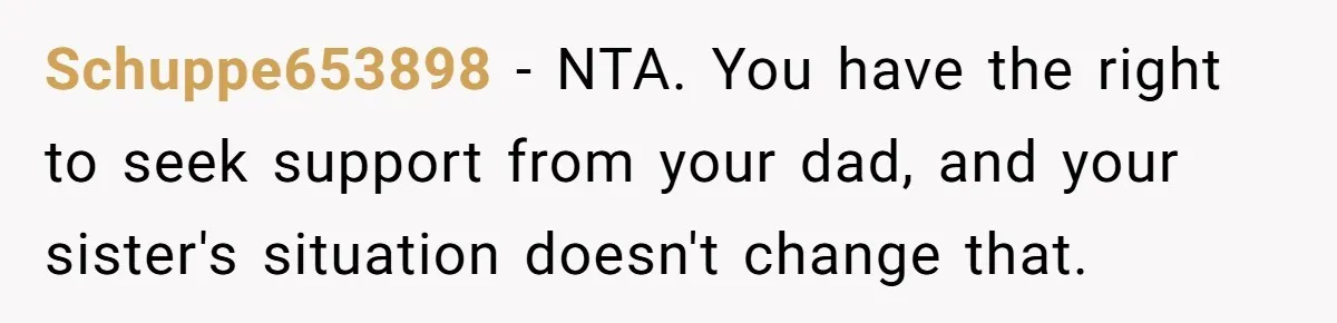 Schuppe653898 − NTA. You have the right to seek support from your dad, and your sister's situation doesn't change that.