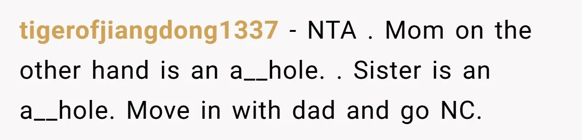 tigerofjiangdong1337 − NTA . Mom on the other hand is an a__hole. . Sister is an a__hole. Move in with dad and go NC.