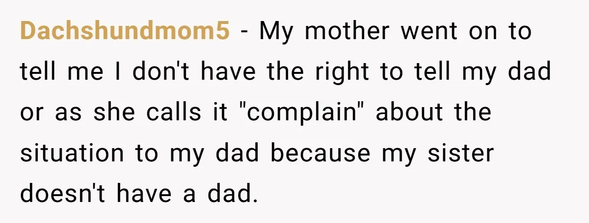 Dachshundmom5 − My mother went on to tell me I don't have the right to tell my dad or as she calls it "complain" about the situation to my dad...