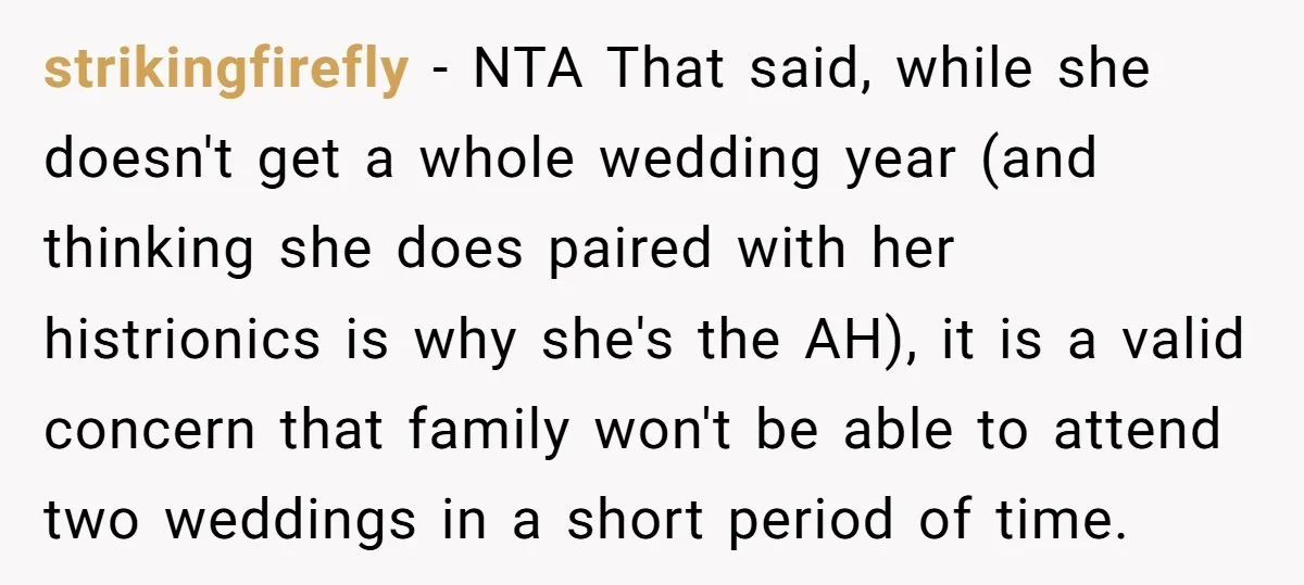 strikingfirefly - NTA That said, while she doesn't get a whole wedding year (and thinking she does paired with her histrionics is why she's the AH), it is a valid...