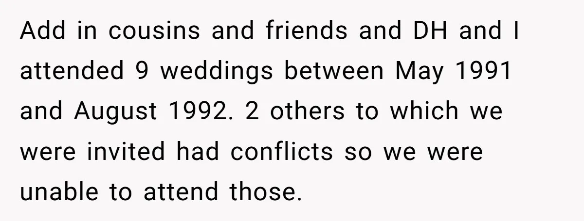 Add in cousins and friends and DH and I attended 9 weddings between May 1991 and August 1992. 2 others to which we were invited had conflicts so we were...