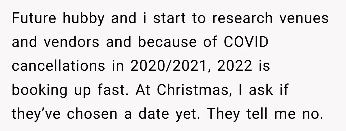 Future hubby and i start to research venues and vendors and because of COVID cancellations in 2020/2021, 2022 is booking up fast. At Christmas, I ask if they’ve chosen a...