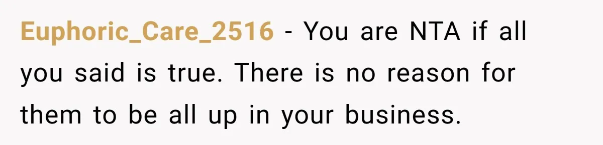 Euphoric_Care_2516 − You are NTA if all you said is true. There is no reason for them to be all up in your business.
