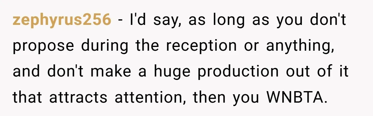 zephyrus256 − I'd say, as long as you don't propose during the reception or anything, and don't make a huge production out of it that attracts attention, then you WNBTA.