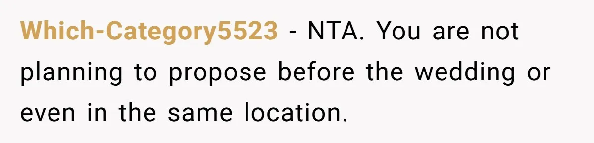 Which-Category5523 − NTA. You are not planning to propose before the wedding or even in the same location.