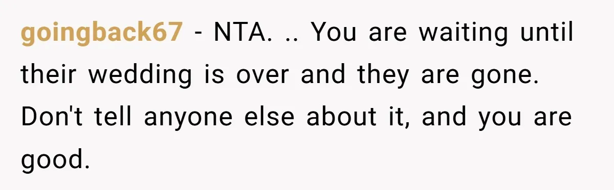 goingback67 − NTA. .. You are waiting until their wedding is over and they are gone. Don't tell anyone else about it, and you are good.