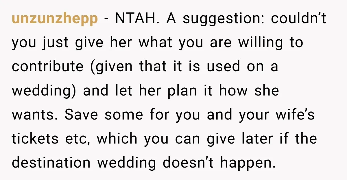 unzunzhepp - NTAH. A suggestion: couldn’t you just give her what you are willing to contribute (given that it is used on a wedding) and let her plan it how...