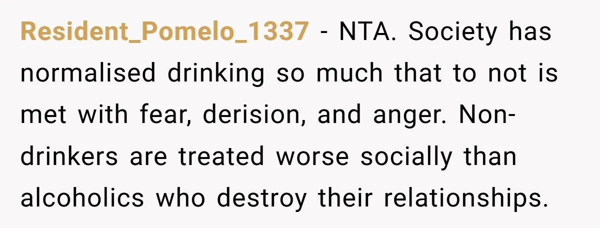 Resident_Pomelo_1337 − NTA. Society has normalised drinking so much that to not is met with fear, derision, and anger. Non-drinkers are treated worse socially than alcoholics who destroy their relationships.
