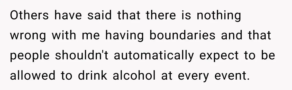 Others have said that there is nothing wrong with me having boundaries and that people shouldn't automatically expect to be allowed to drink alcohol at every event.