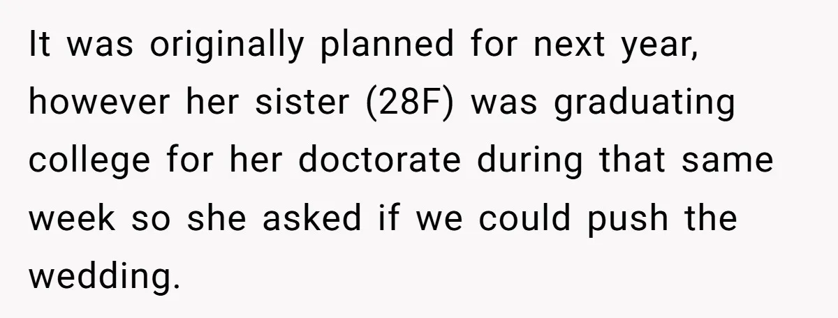 It was originally planned for next year, however her sister (28F) was graduating college for her doctorate during that same week so she asked if we could push the wedding.
