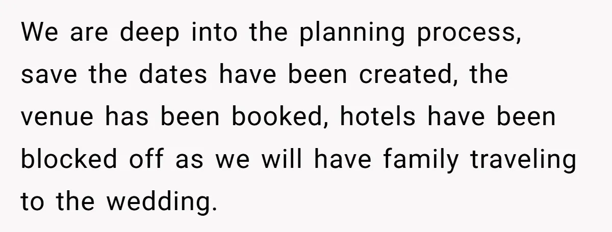 We are deep into the planning process, save the dates have been created, the venue has been booked, hotels have been blocked off as we will have family traveling to...