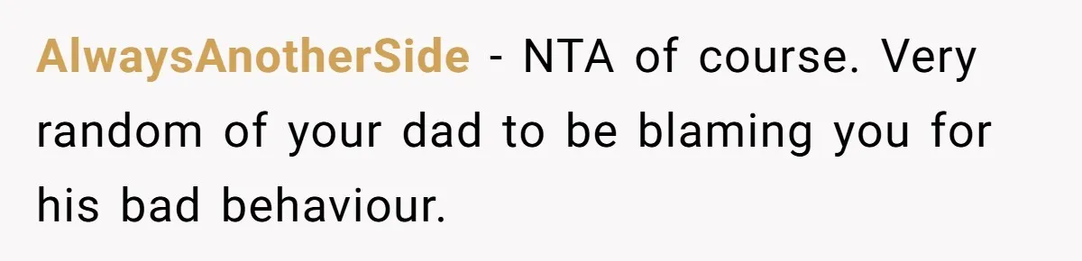 AlwaysAnotherSide − NTA of course. Very random of your dad to be blaming you for his bad behaviour.