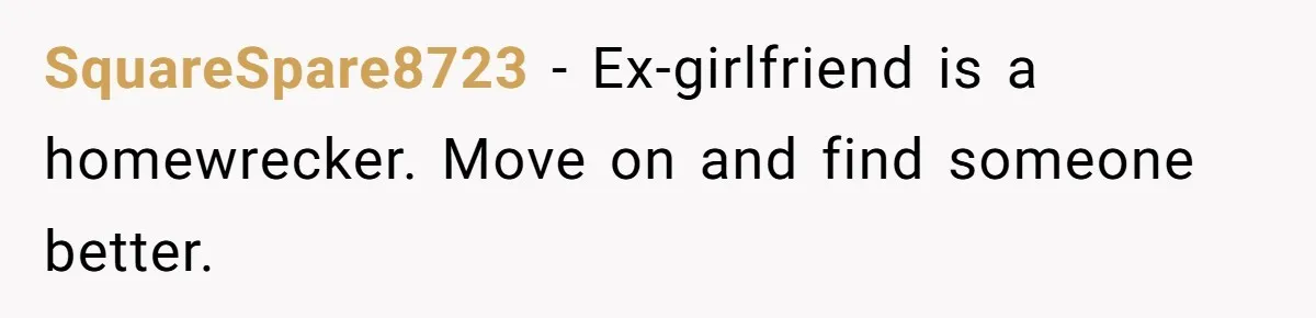 SquareSpare8723 − Ex-girlfriend is a homewrecker. Move on and find someone better.