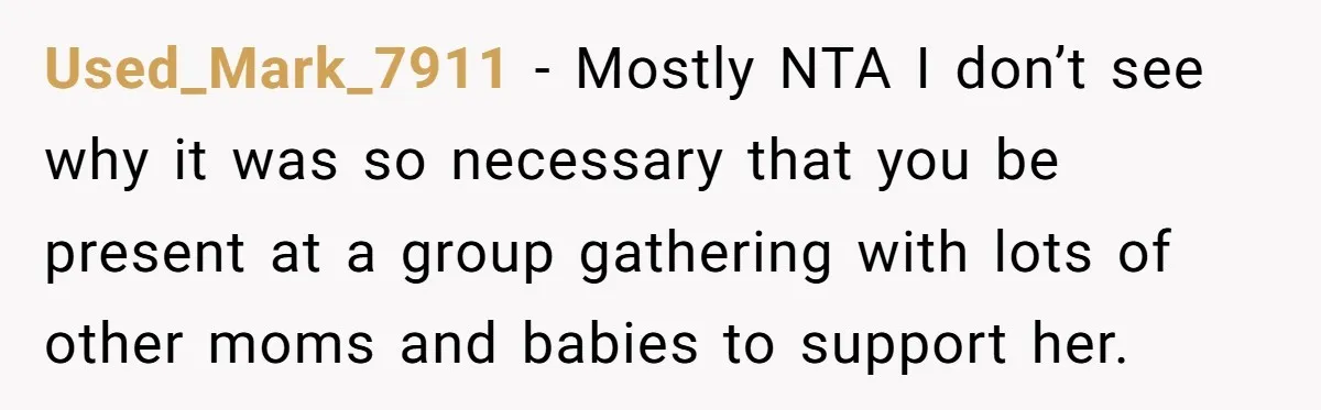 Used_Mark_7911 − Mostly NTA I don’t see why it was so necessary that you be present at a group gathering with lots of other moms and babies to support her.