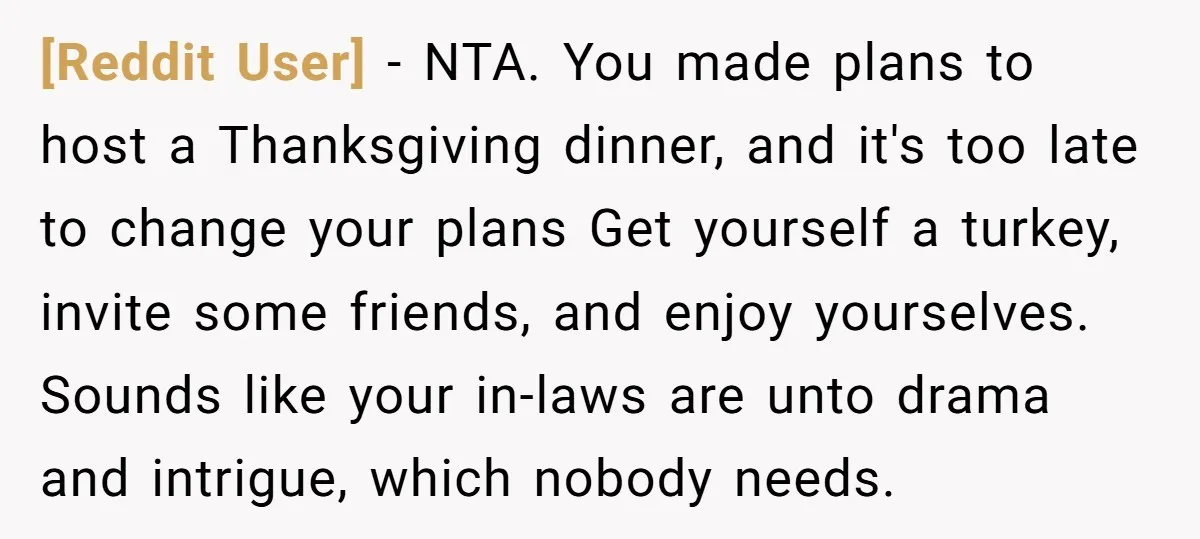 [Reddit User] - NTA. You made plans to host a Thanksgiving dinner, and it's too late to change your plans Get yourself a turkey, invite some friends, and enjoy yourselves....