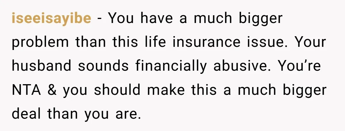 iseeisayibe − You have a much bigger problem than this life insurance issue. Your husband sounds financially abusive. You’re NTA & you should make this a much bigger deal than...