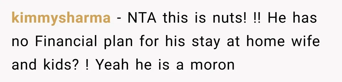 kimmysharma − NTA this is nuts! !! He has no Financial plan for his stay at home wife and kids? ! Yeah he is a moron