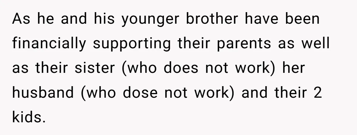 As he and his younger brother have been financially supporting their parents as well as their sister (who does not work) her husband (who dose not work) and their 2...