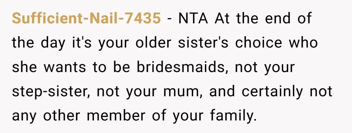 Sufficient-Nail-7435 − NTA At the end of the day it's your older sister's choice who she wants to be bridesmaids, not your step-sister, not your mum, and certainly not any...