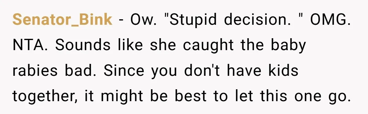 Senator_Bink − Ow. "Stupid decision. " OMG. NTA. Sounds like she caught the baby rabies bad. Since you don't have kids together, it might be best to let this one...