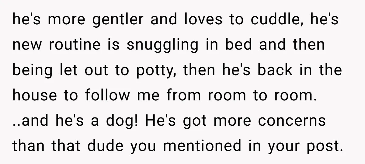 he's more gentler and loves to cuddle, he's new routine is snuggling in bed and then being let out to potty, then he's back in the house to follow me...