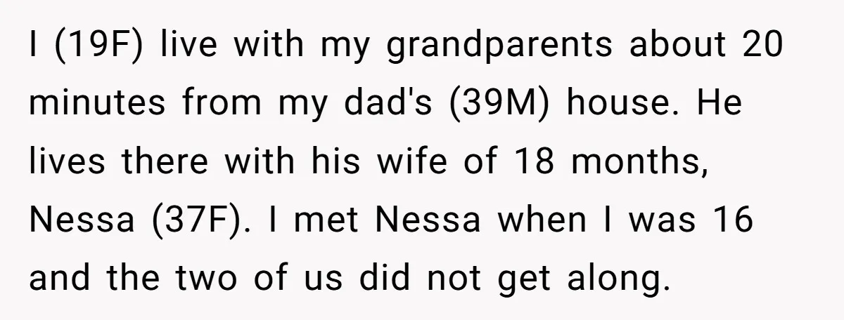 I (19F) live with my grandparents about 20 minutes from my dad's (39M) house. He lives there with his wife of 18 months, Nessa (37F). I met Nessa when I...